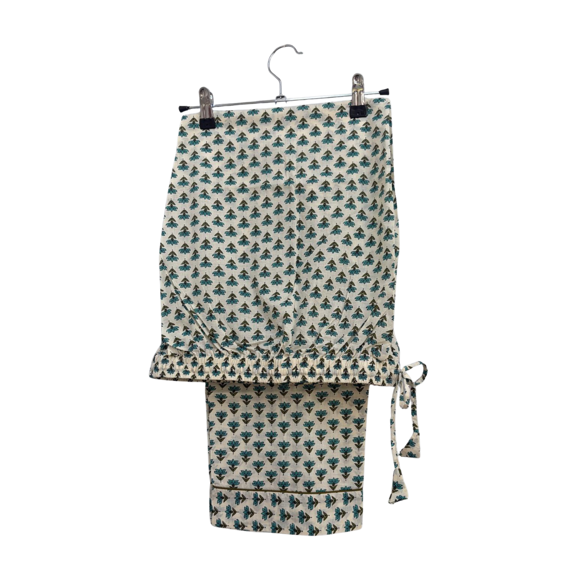 Pajama Crush gift-ready pouch in Blue Reverie block print cotton, filled with pajama set