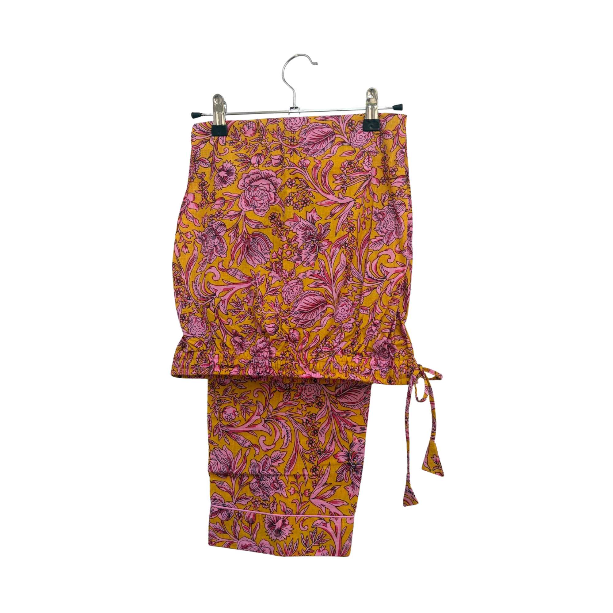 Pajama Crush gift-ready pouch in Golden Gardenblock print cotton, filled with pajama set