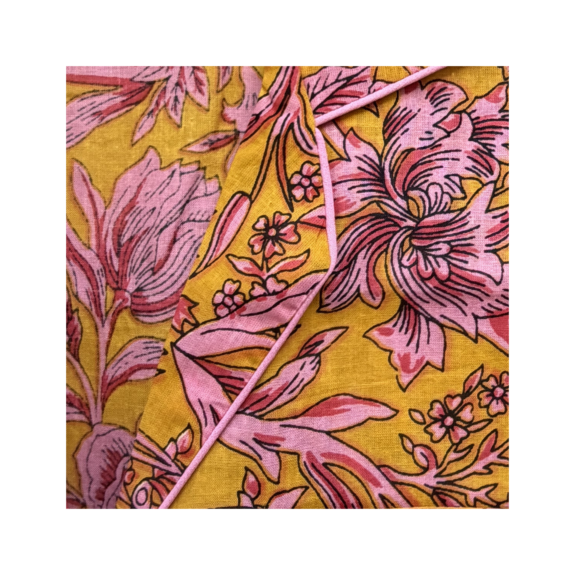Pajama Crush gift-ready pouch in Golden Gardenblock print cotton, filled with pajama set