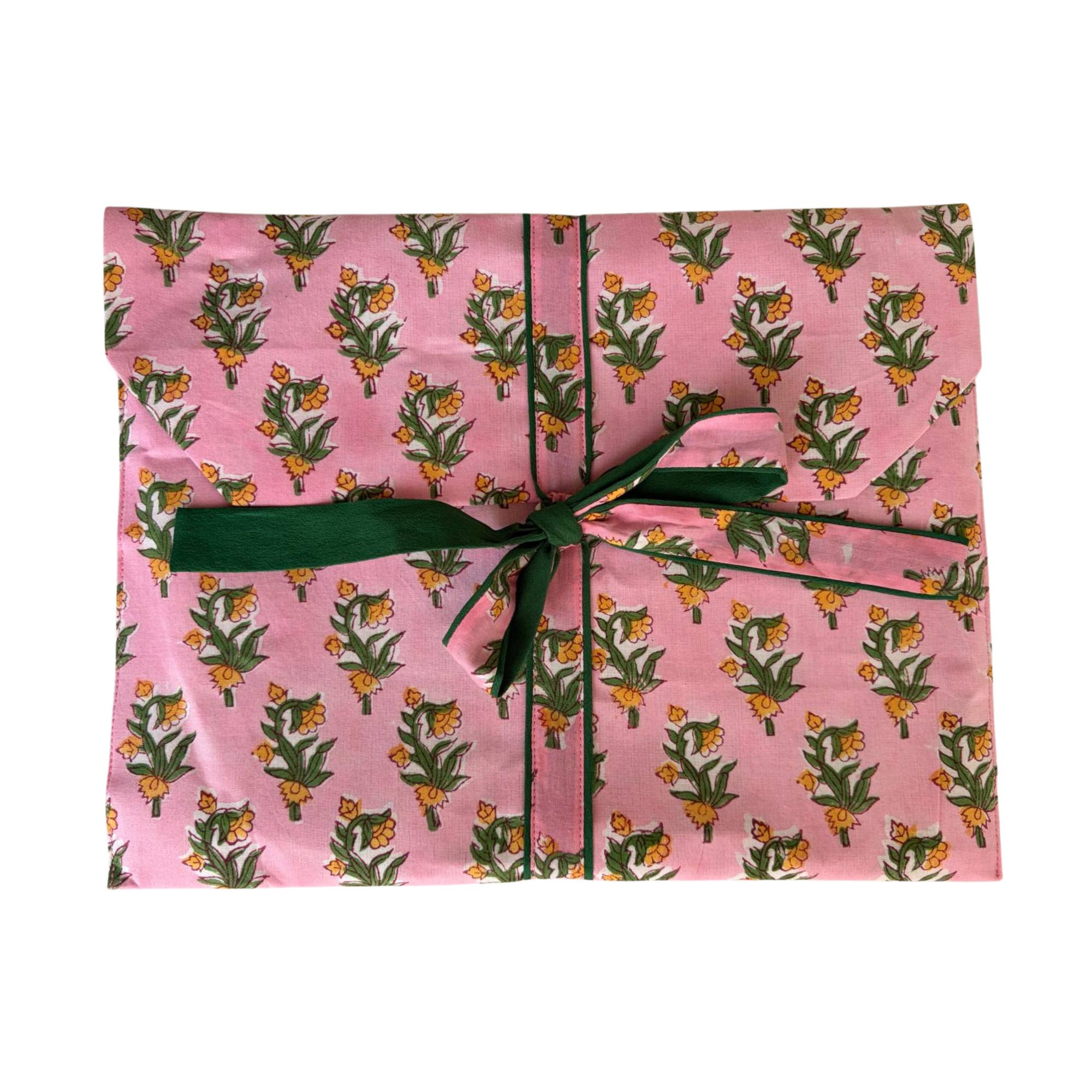 Pajama Crush gift-ready pouch in Rosewood Dream block print cotton, filled with pajama set