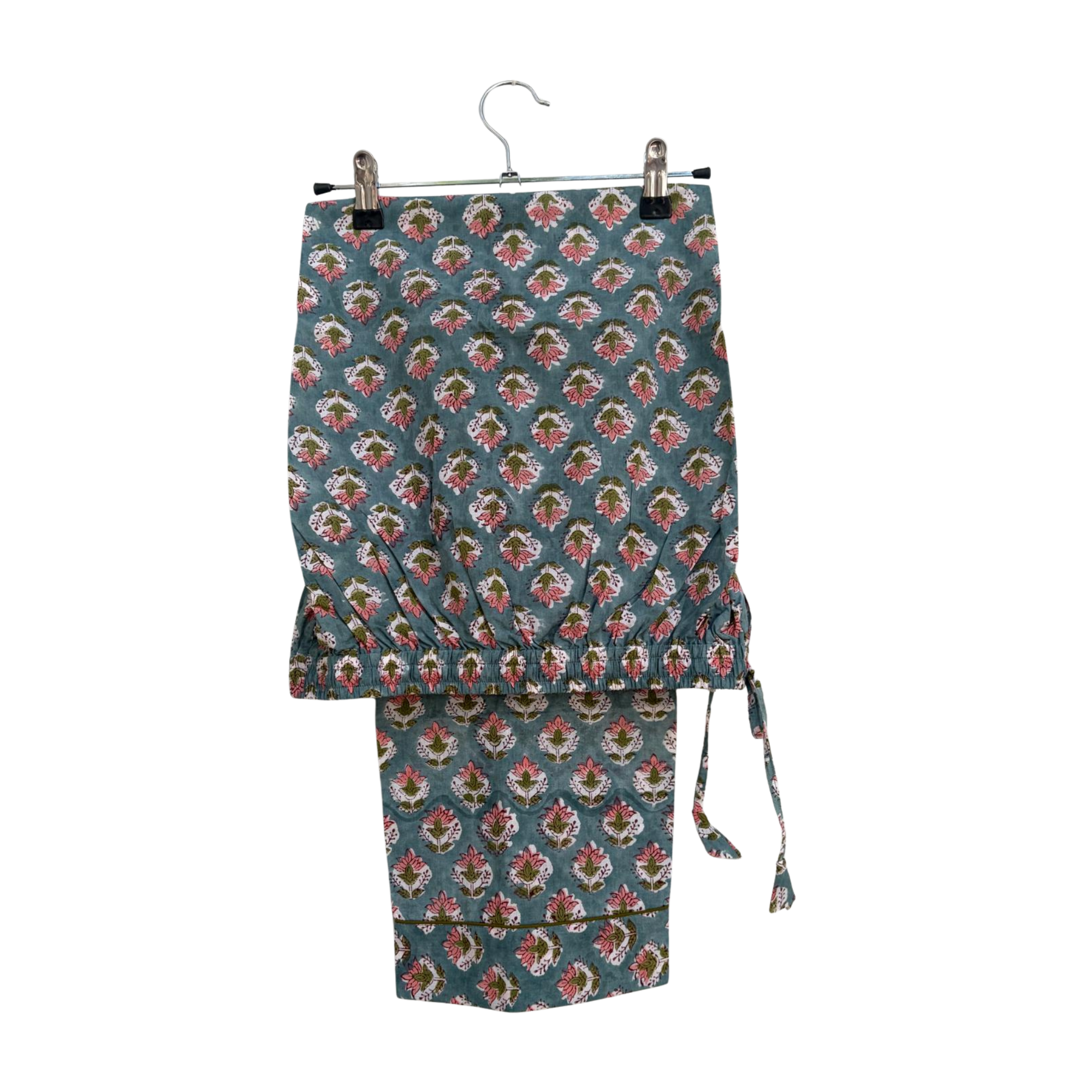 Pajama Crush gift-ready pouch in Sage and Petals block print cotton, filled with pajama set