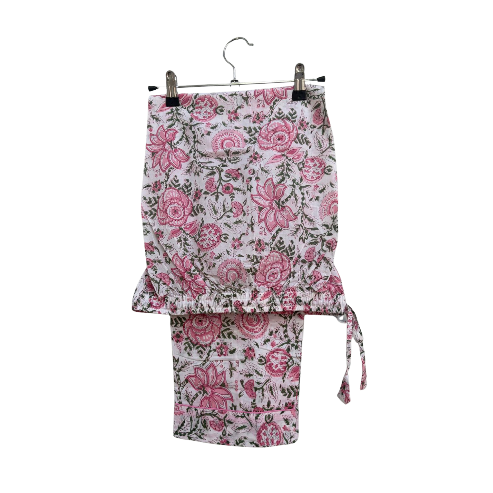 Pajama Crush gift-ready pouch in Secret Garden block print cotton, filled with pajama set