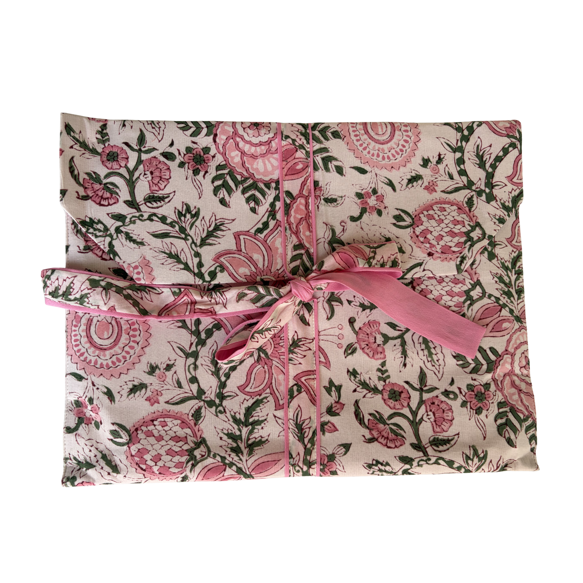Pajama Crush gift-ready pouch in Secret Garden block print cotton, filled with pajama set