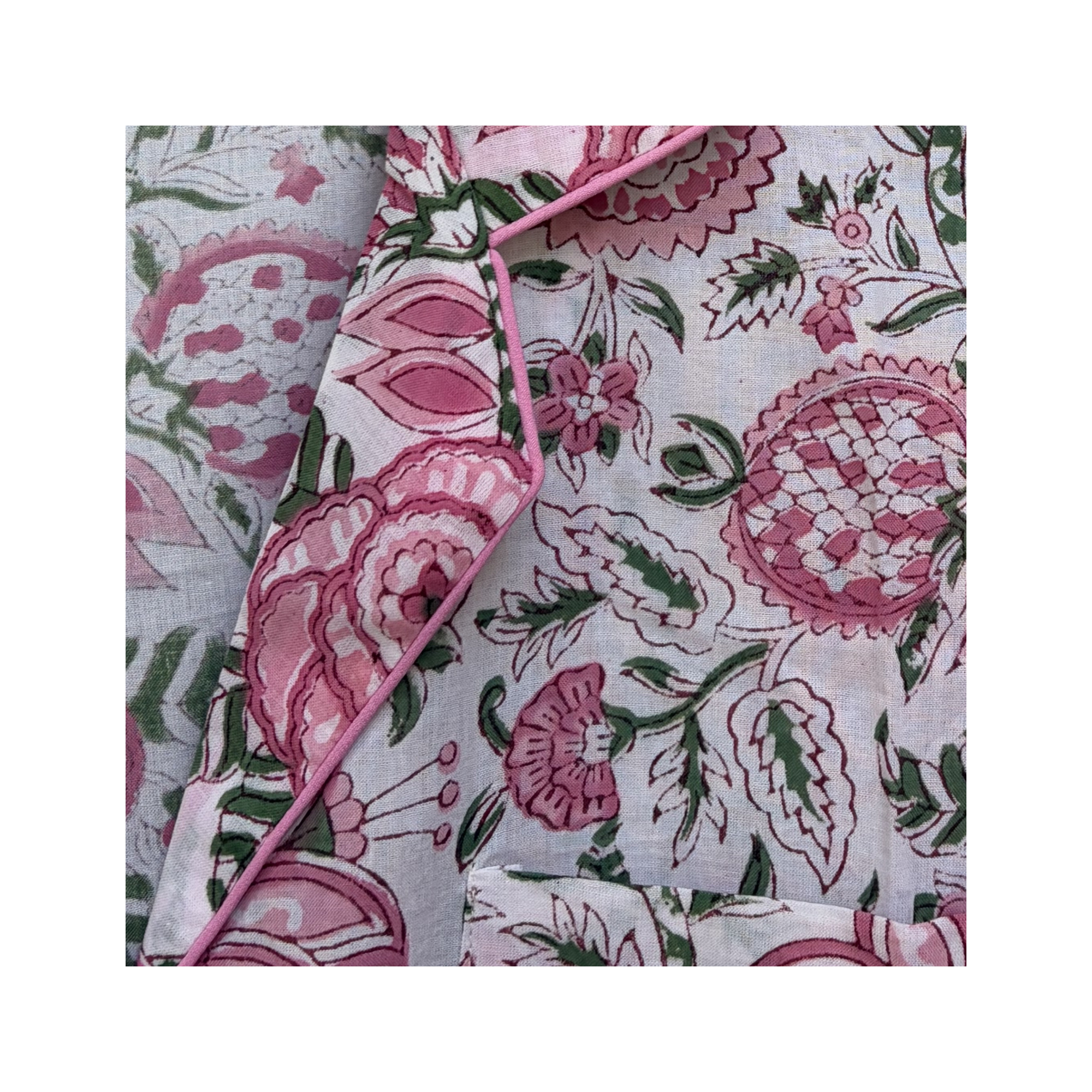 Pajama Crush gift-ready pouch in Secret Garden block print cotton, filled with pajama set