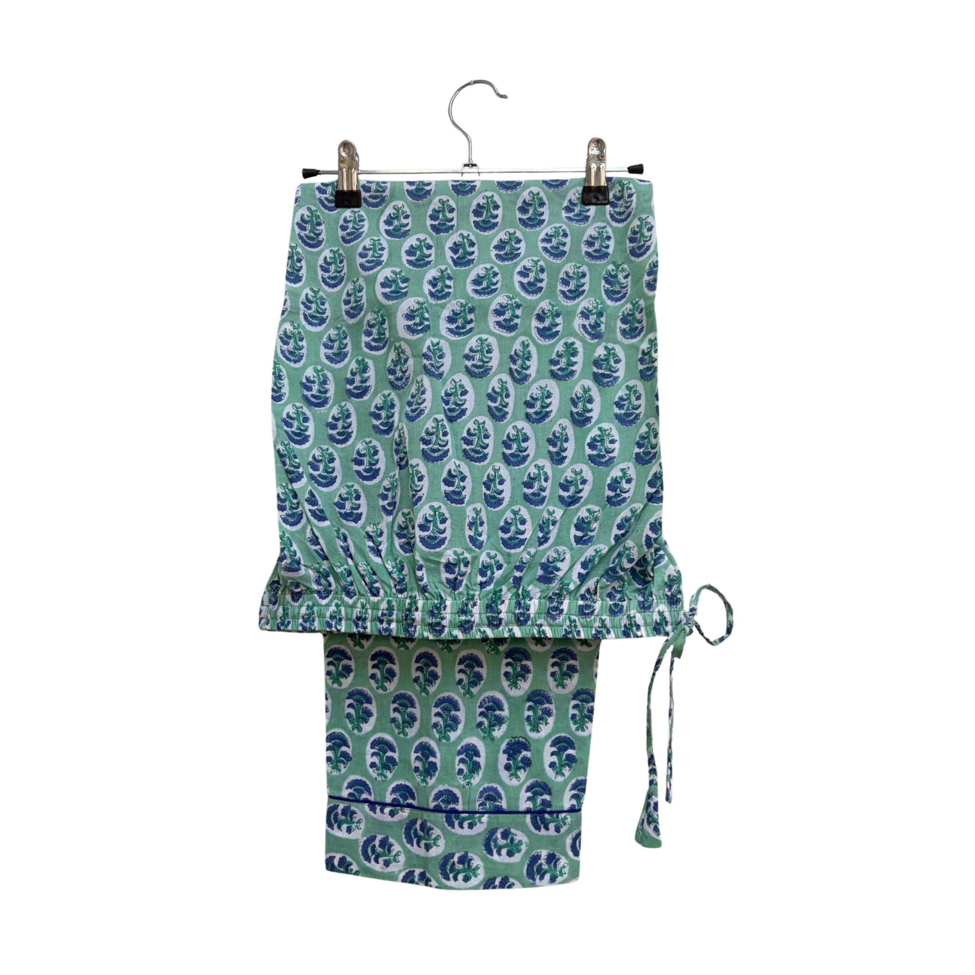 Pajama Crush gift-ready pouch in Soft Indigo block print cotton, filled with pajama set