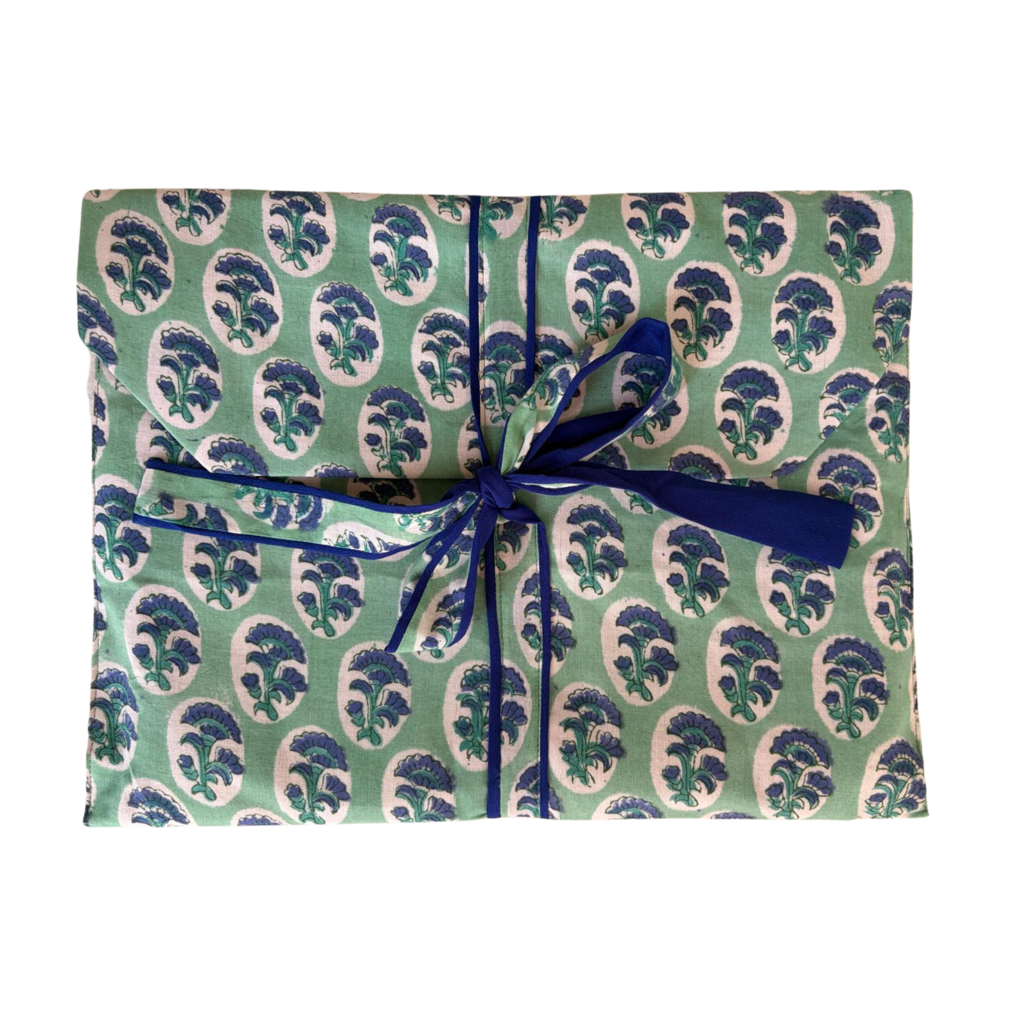 Pajama Crush gift-ready pouch in Soft Indigo block print cotton, filled with pajama set