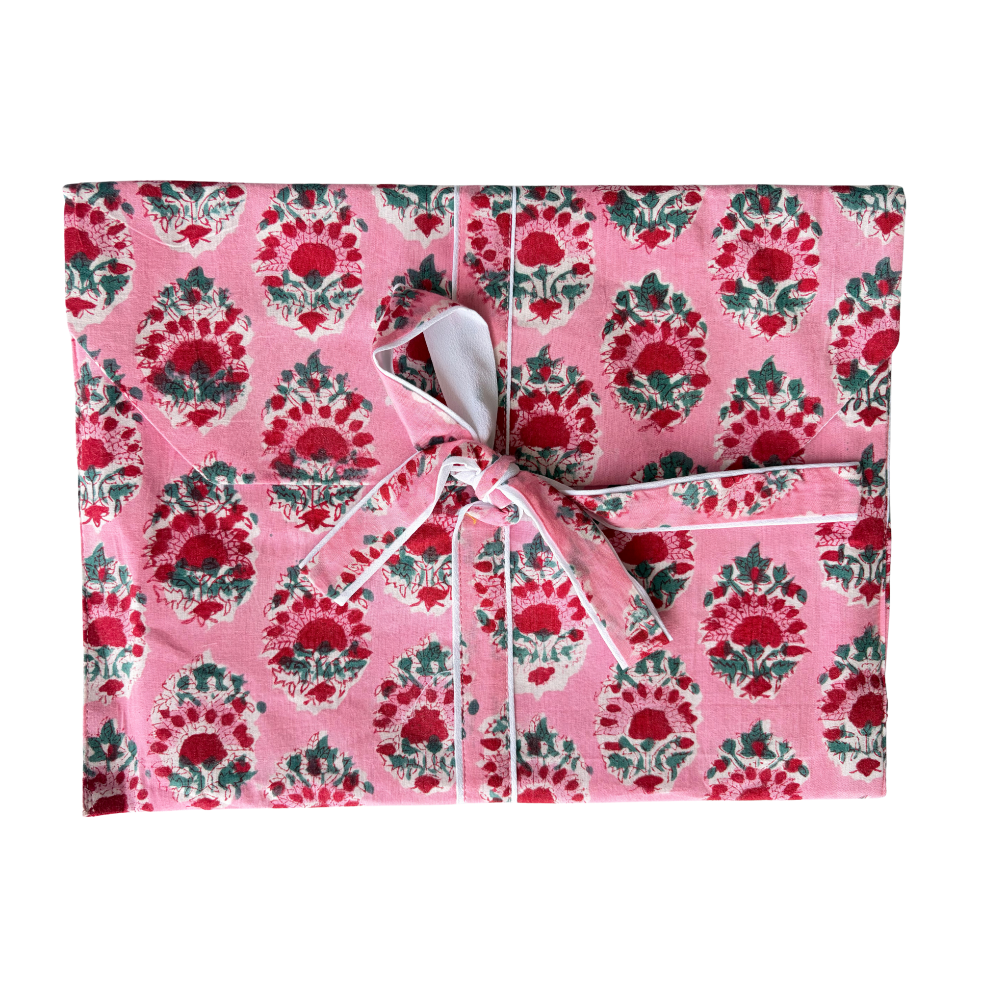 Pajama Crush gift-ready pouch in Barefoot Rose block print cotton, filled with pajama set
