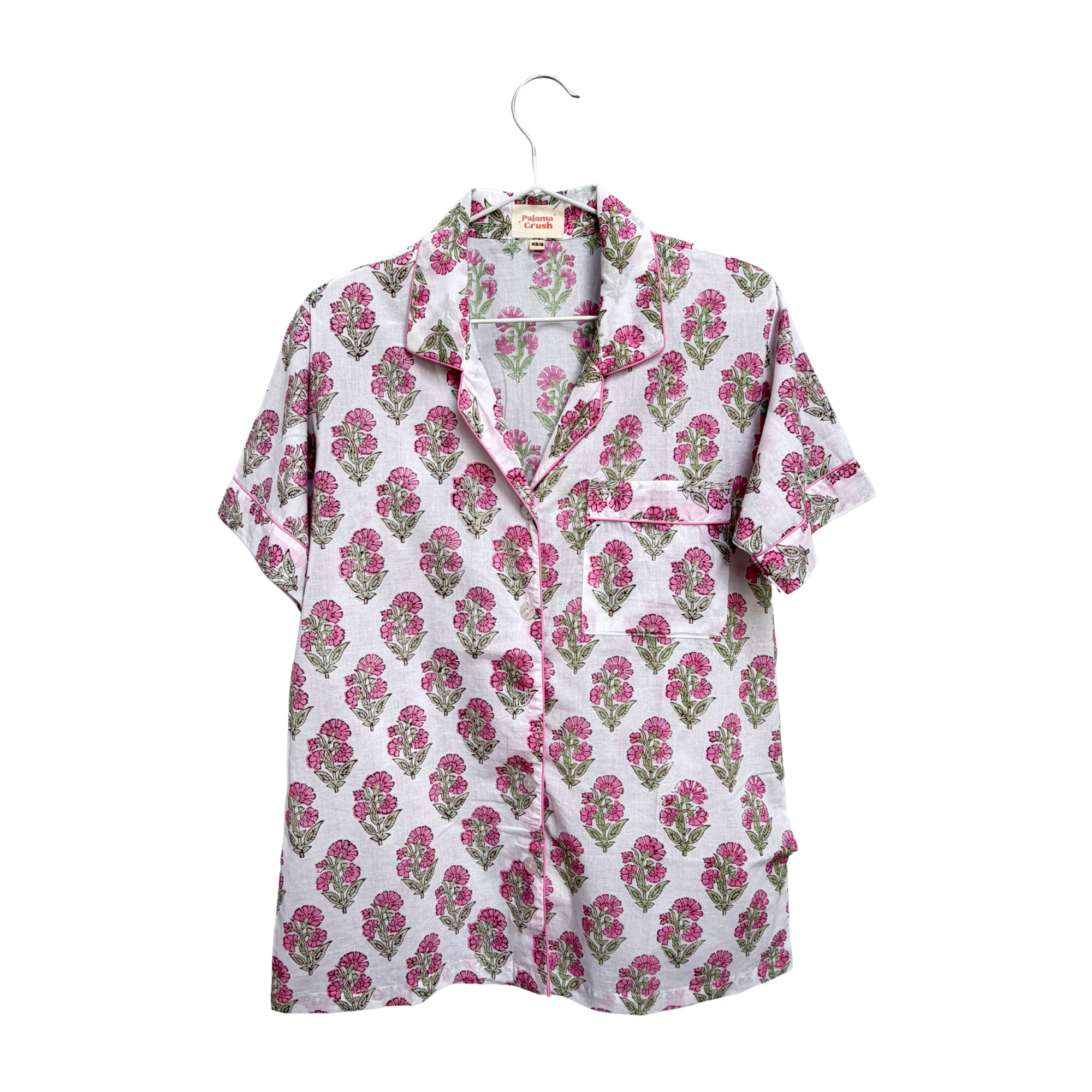 Pajama Crush gift-ready pouch in Capri Bloom block print cotton, filled with pajama set