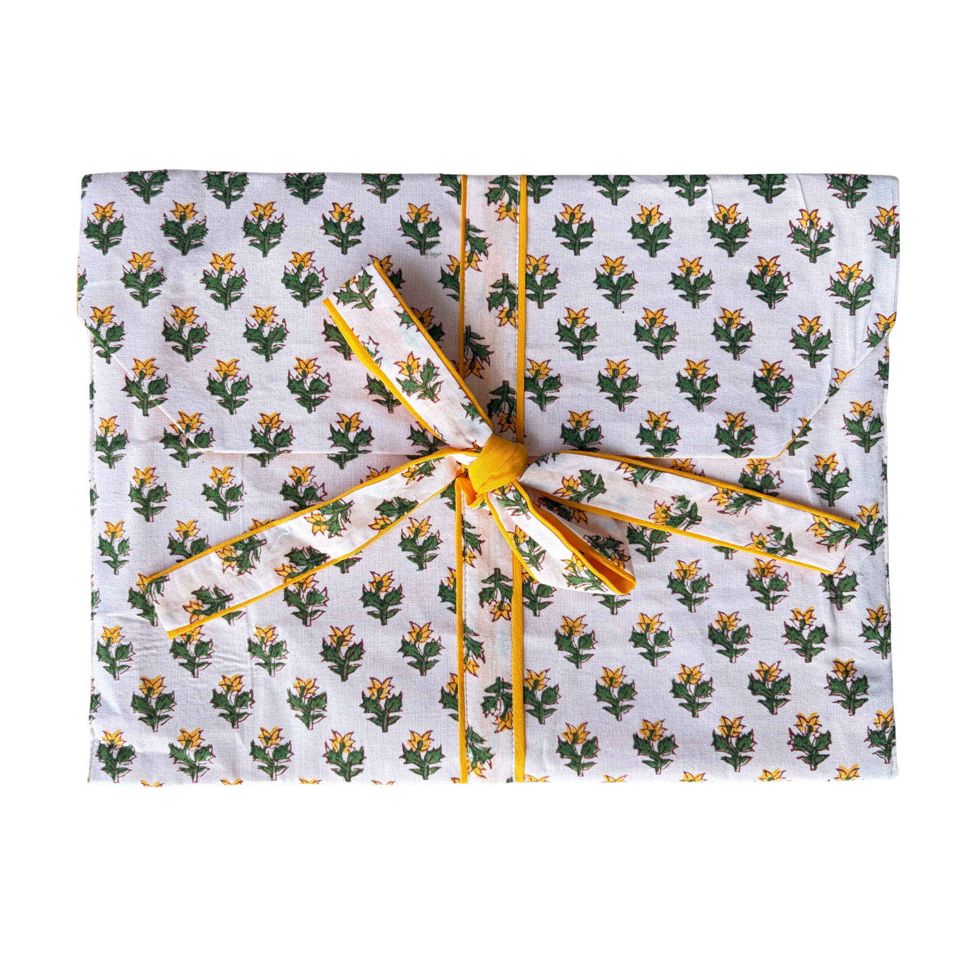 Pajama Crush gift-ready pouch in Morning Ligh block print cotton, filled with pajama set
