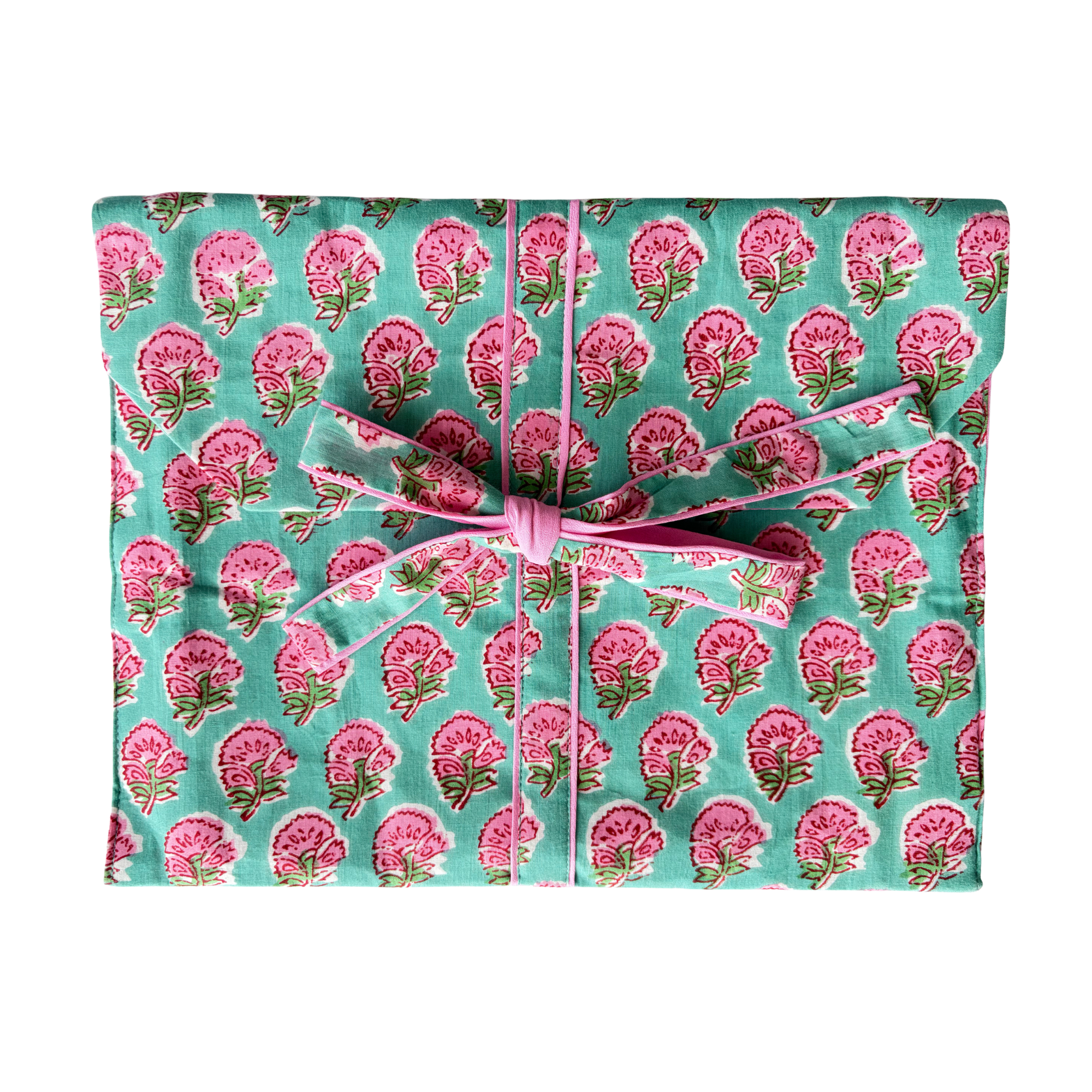Pajama Crush gift-ready pouch in Pink Lagoon block print cotton, filled with pajama set