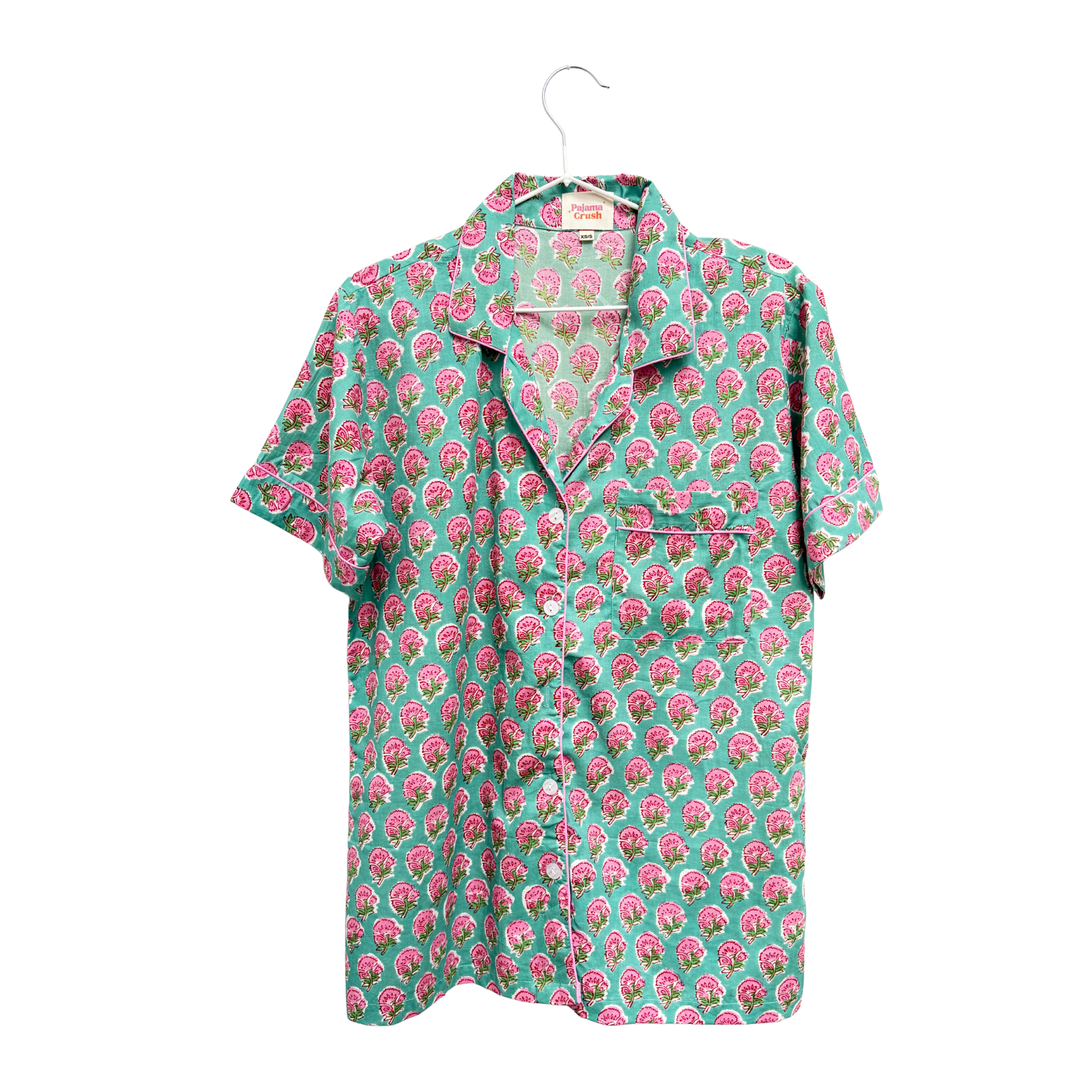 Pajama Crush gift-ready pouch in Pink Lagoon block print cotton, filled with pajama set