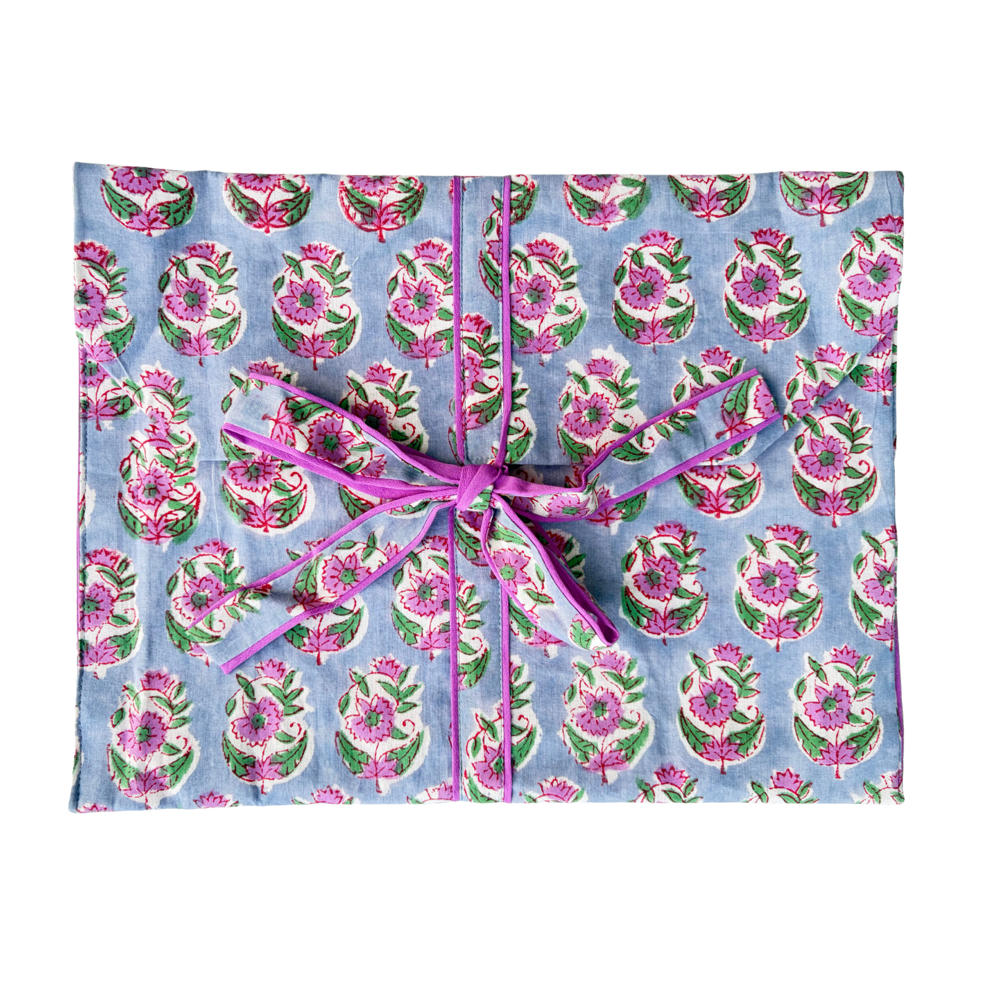Pajama Crush gift-ready pouch in Provence Dream block print cotton, filled with pajama set