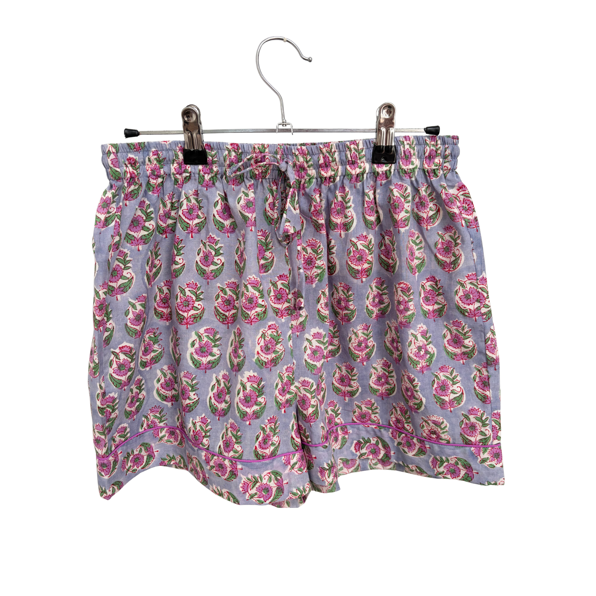 Pajama Crush gift-ready pouch in Provence Dream block print cotton, filled with pajama set