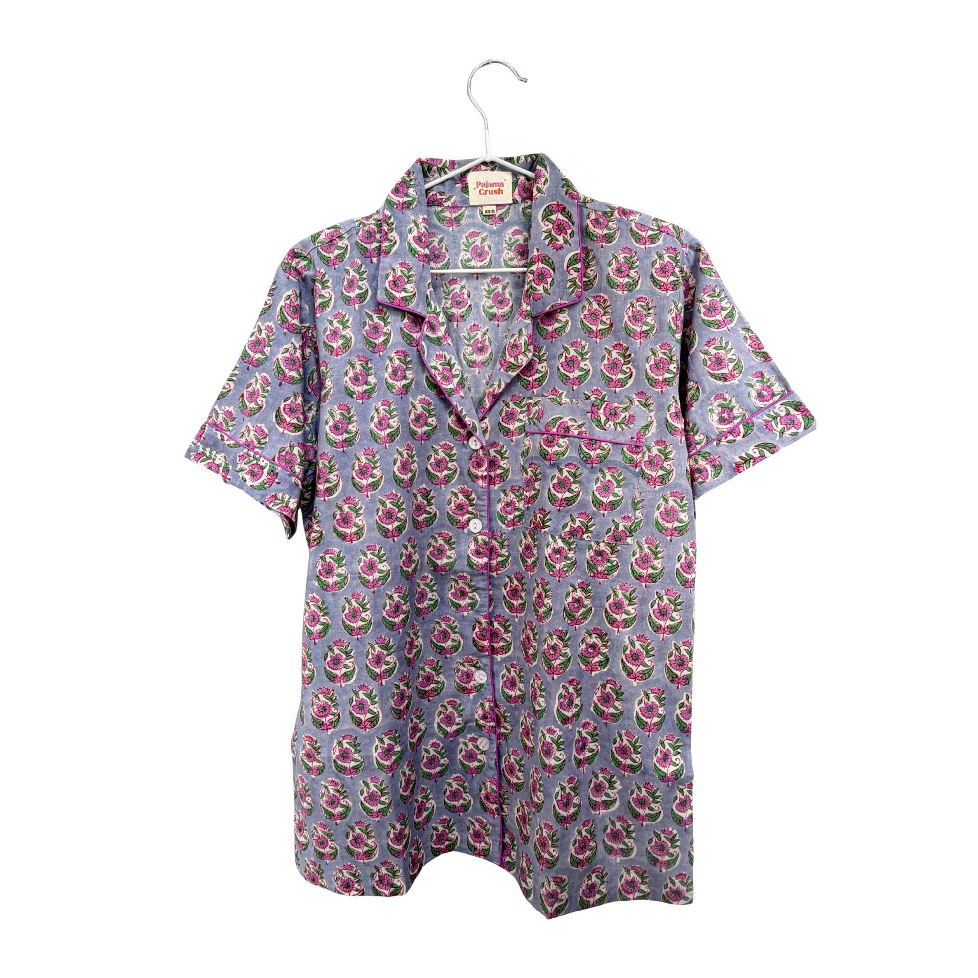 Pajama Crush gift-ready pouch in Provence Dream block print cotton, filled with pajama set