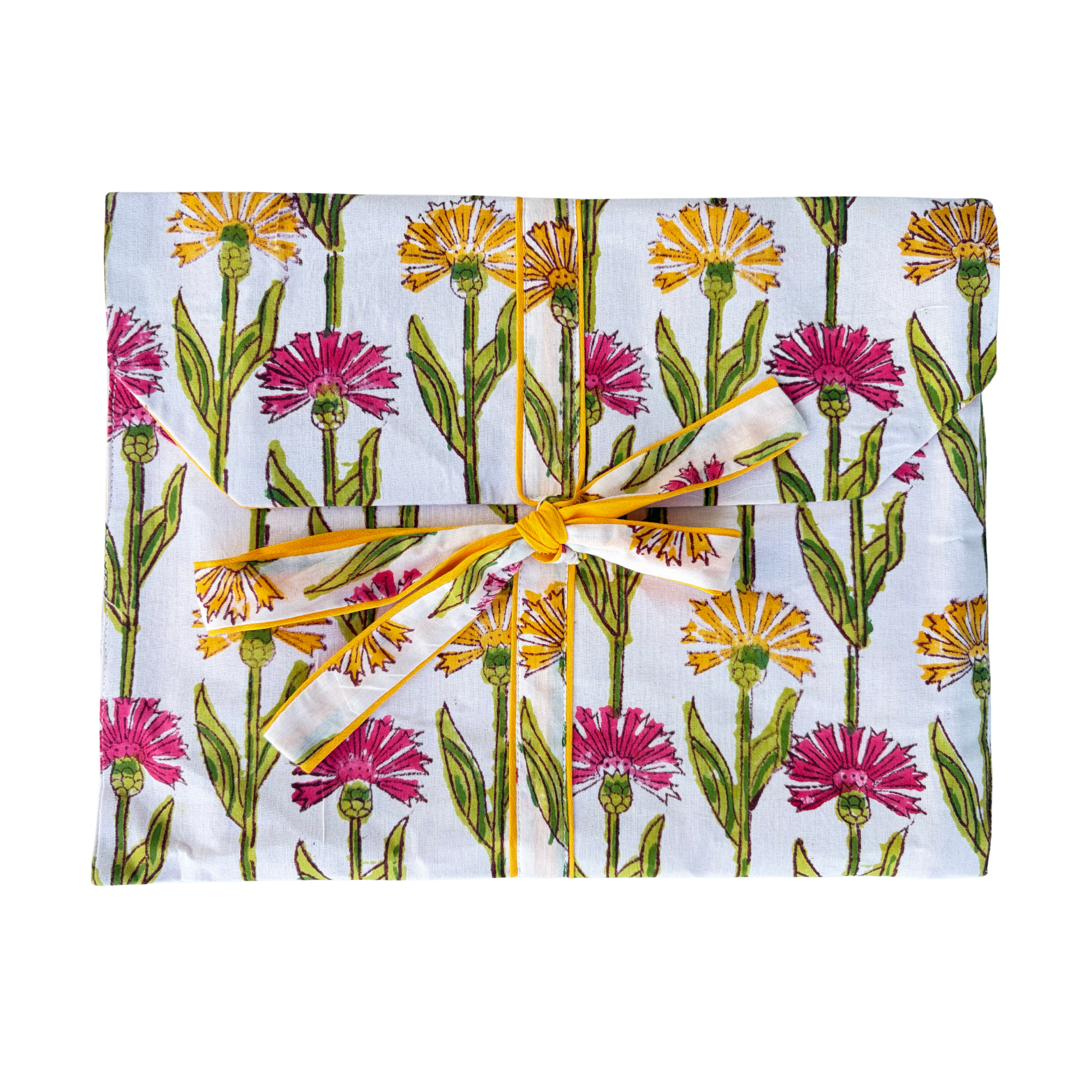 Pajama Crush gift-ready pouch in Sweet Bloom block print cotton, filled with pajama set
