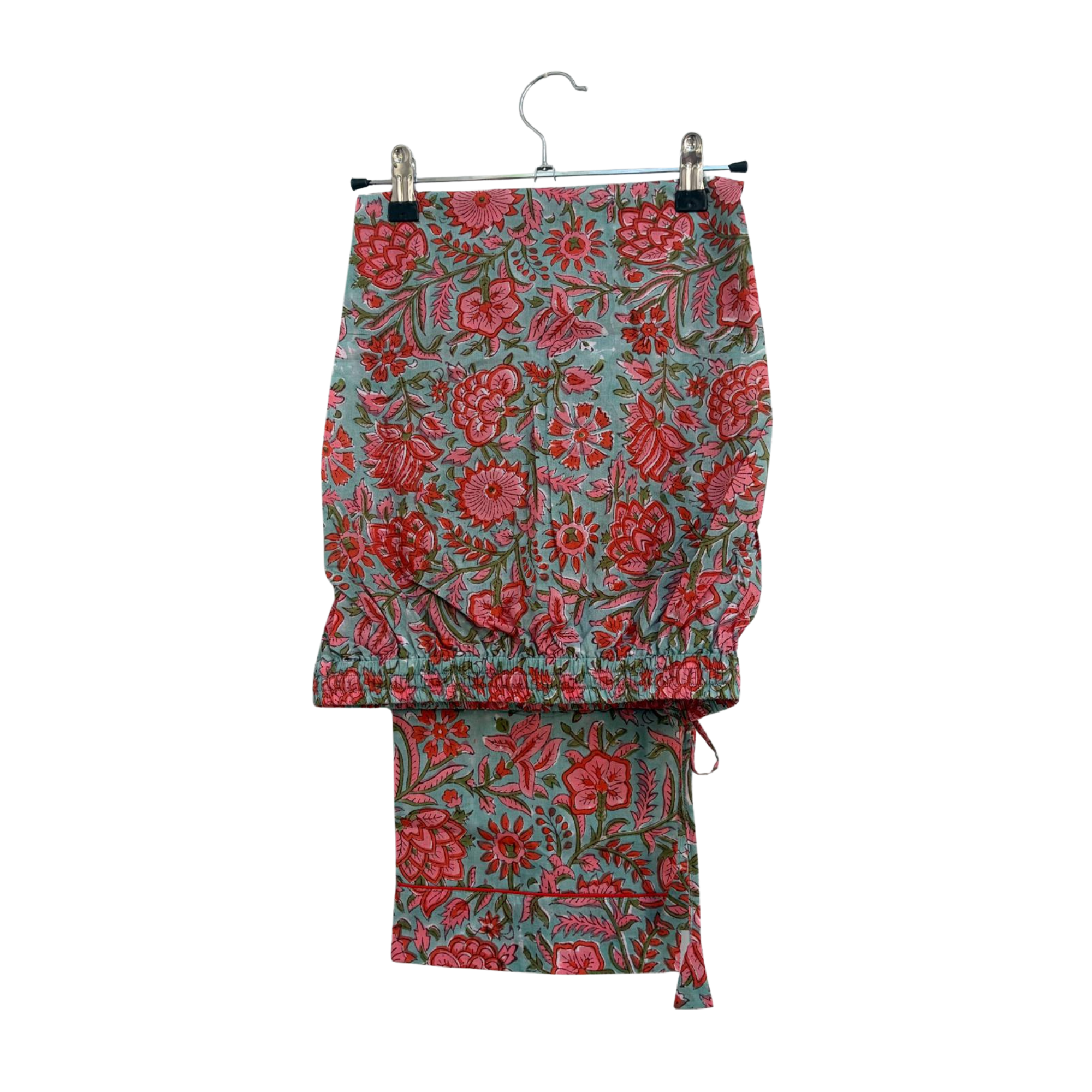 Pajama Crush gift-ready pouch in Blooming Days block print cotton, filled with pajama set