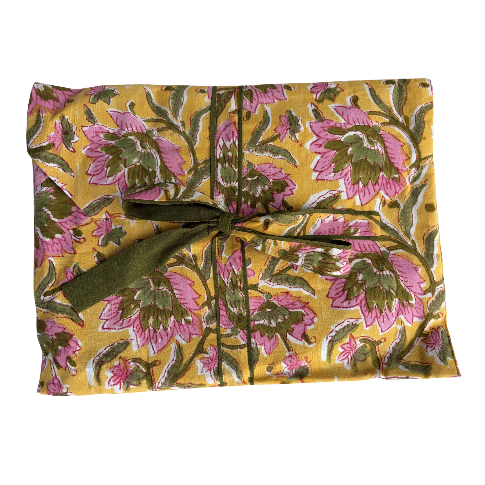 Pajama Crush gift-ready pouch in Colden Coast block print cotton, filled with pajama set