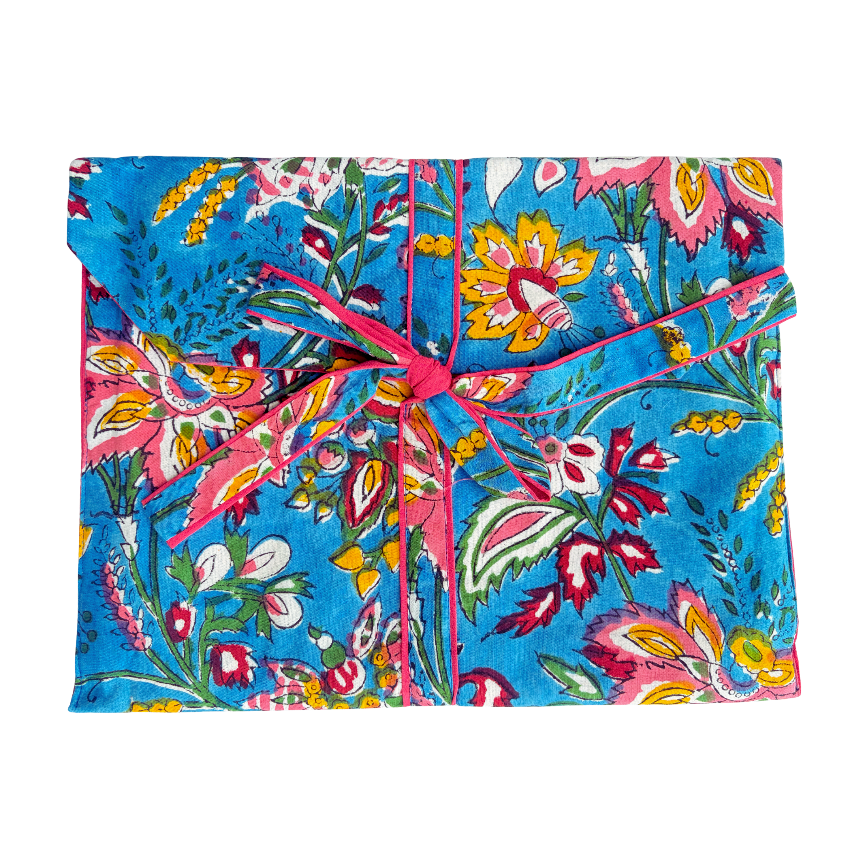 Pajama Crush gift-ready pouch in summer confetti block print cotton, filled with pajama set