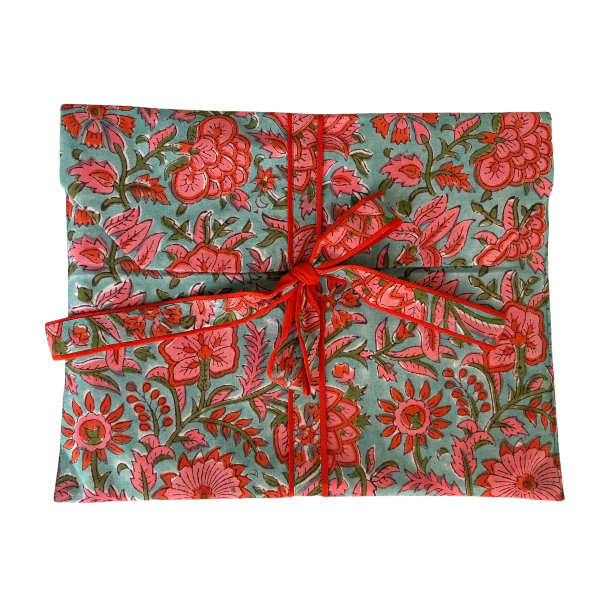 Pajama Crush gift-ready pouch in Blooming Days block print cotton, filled with pajama set