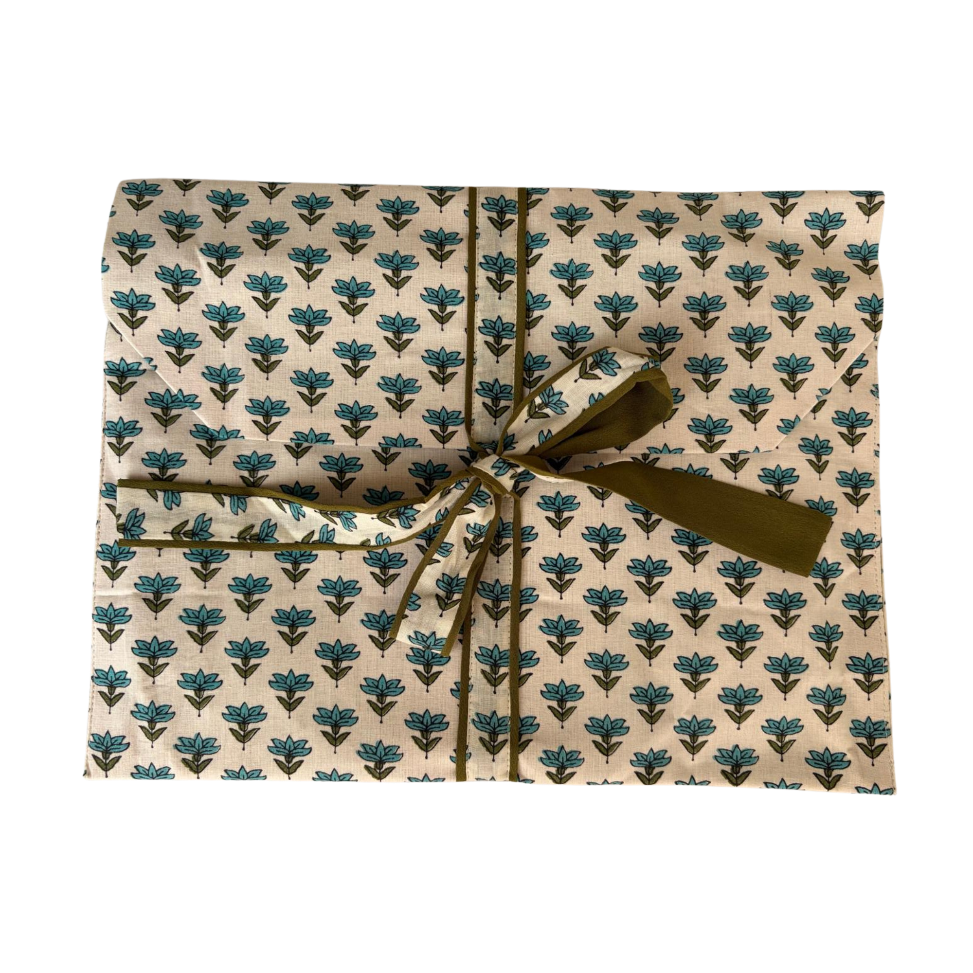 Pajama Crush gift-ready pouch in Blue Reverie block print cotton, filled with pajama set