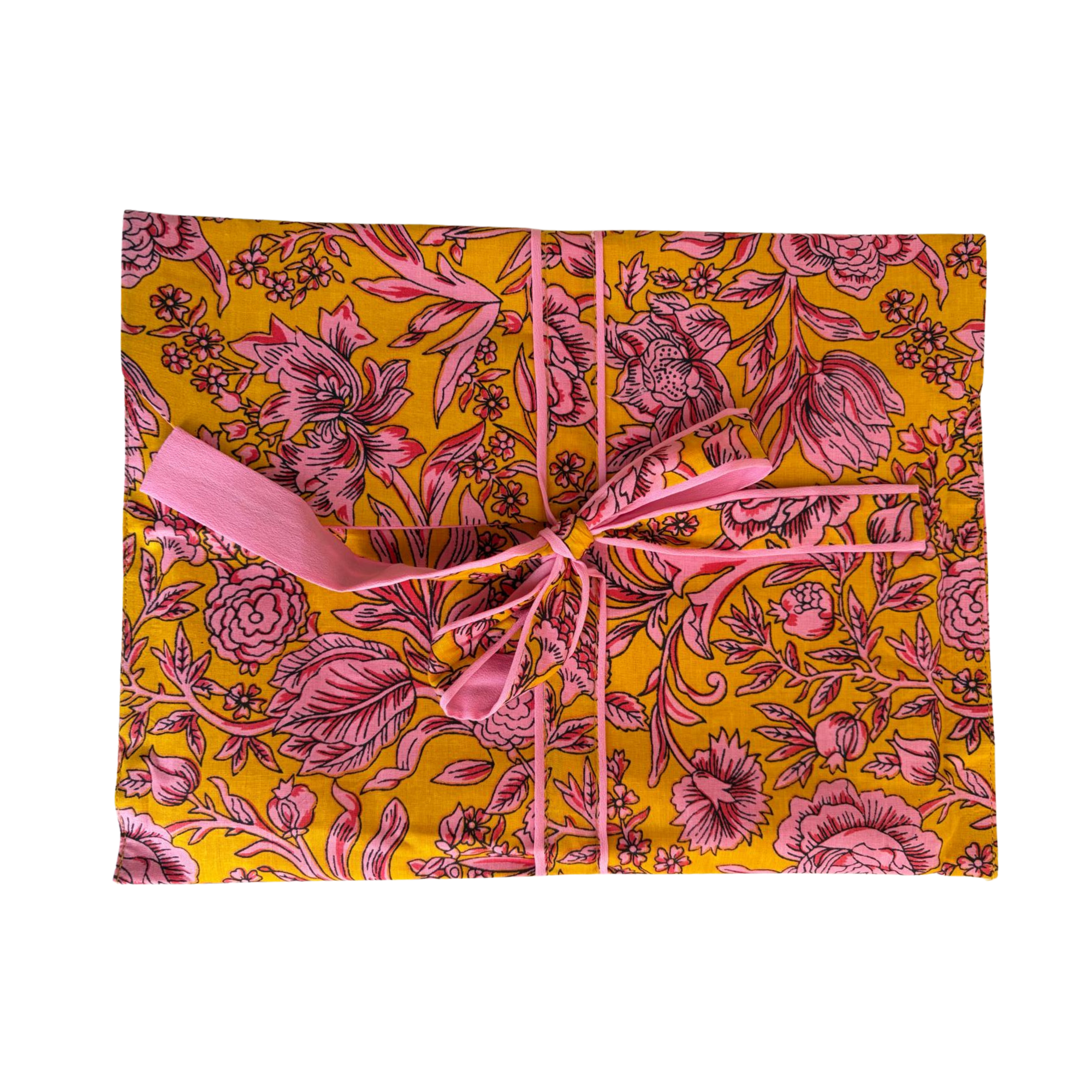 Pajama Crush gift-ready pouch in Golden Gardenblock print cotton, filled with pajama set