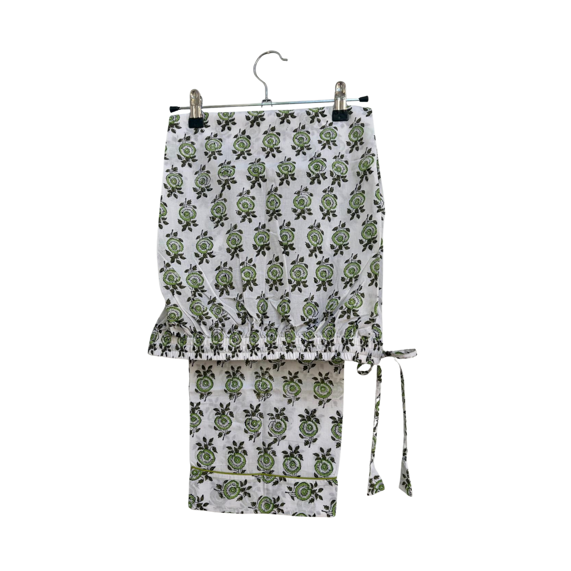 Pajama Crush gift-ready pouch in Olive Kiss block print cotton, filled with pajama set