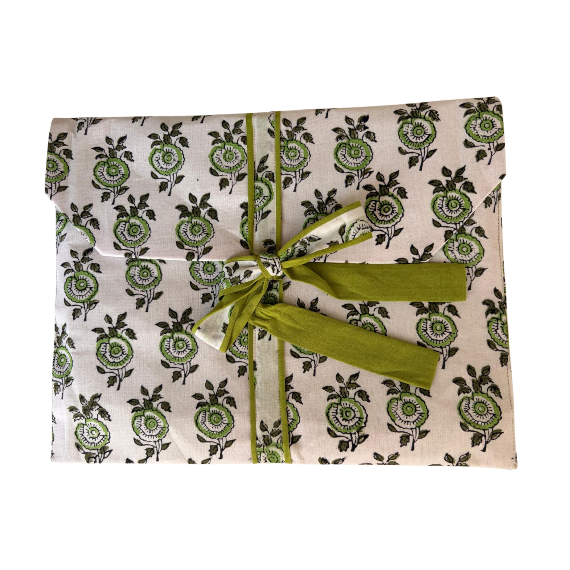 Pajama Crush gift-ready pouch in Olive Kiss block print cotton, filled with pajama set