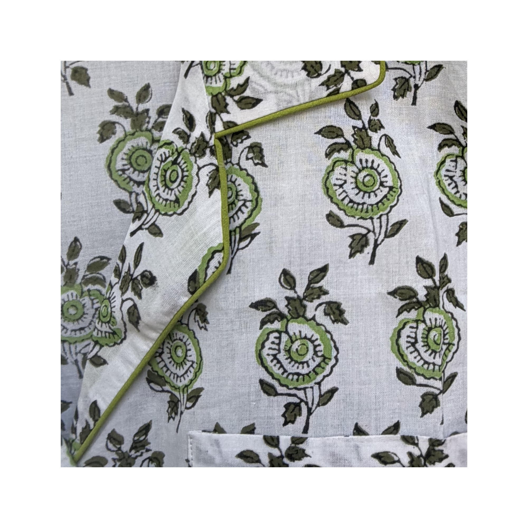 Pajama Crush gift-ready pouch in Olive Kiss block print cotton, filled with pajama set