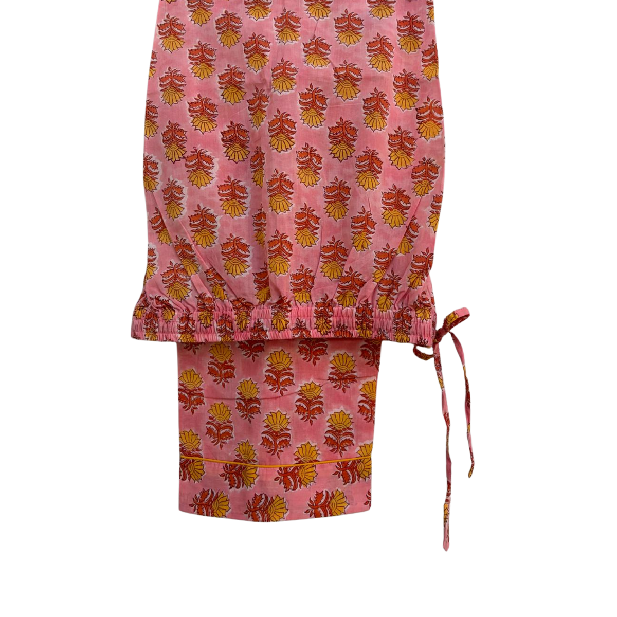 Pajama Crush gift-ready pouch in Quiet Blossom block print cotton, filled with pajama set