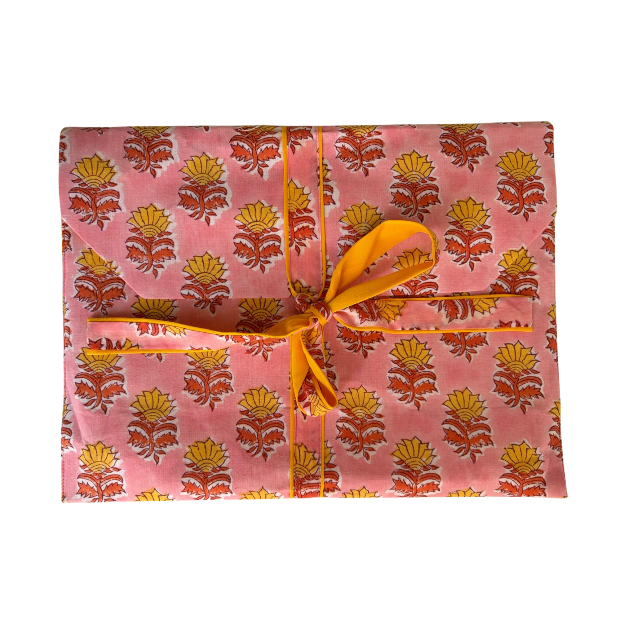 Pajama Crush gift-ready pouch in Quiet Blossom block print cotton, filled with pajama set