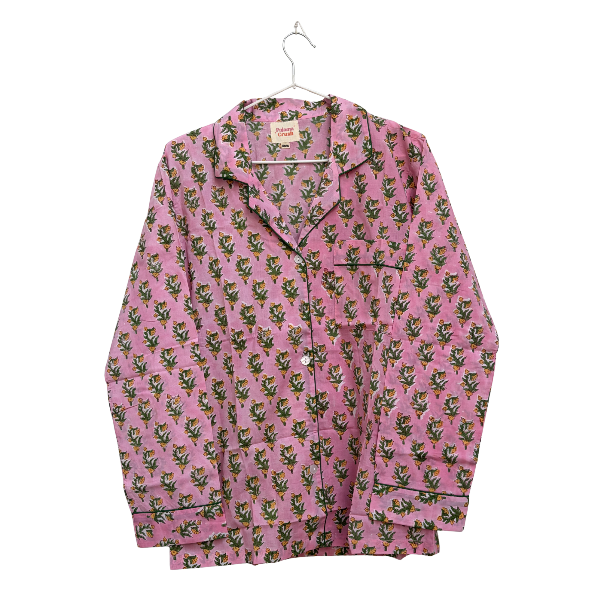 Pajama Crush gift-ready pouch in Rosewood Dream block print cotton, filled with pajama set