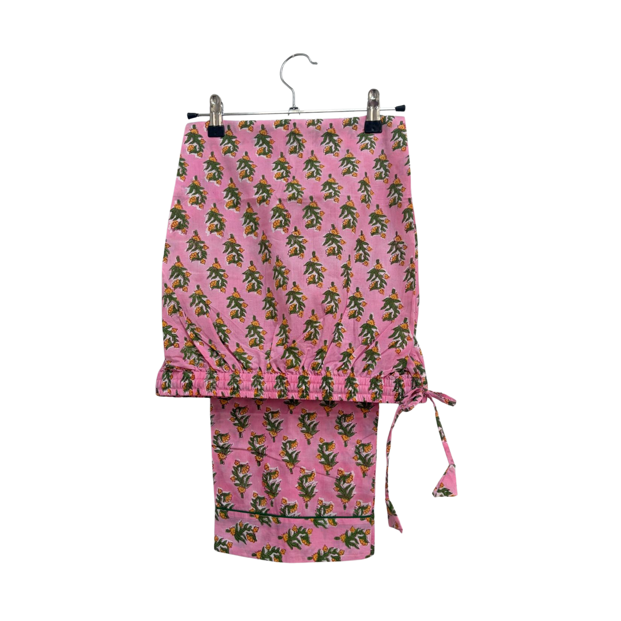Pajama Crush gift-ready pouch in Rosewood Dream block print cotton, filled with pajama set