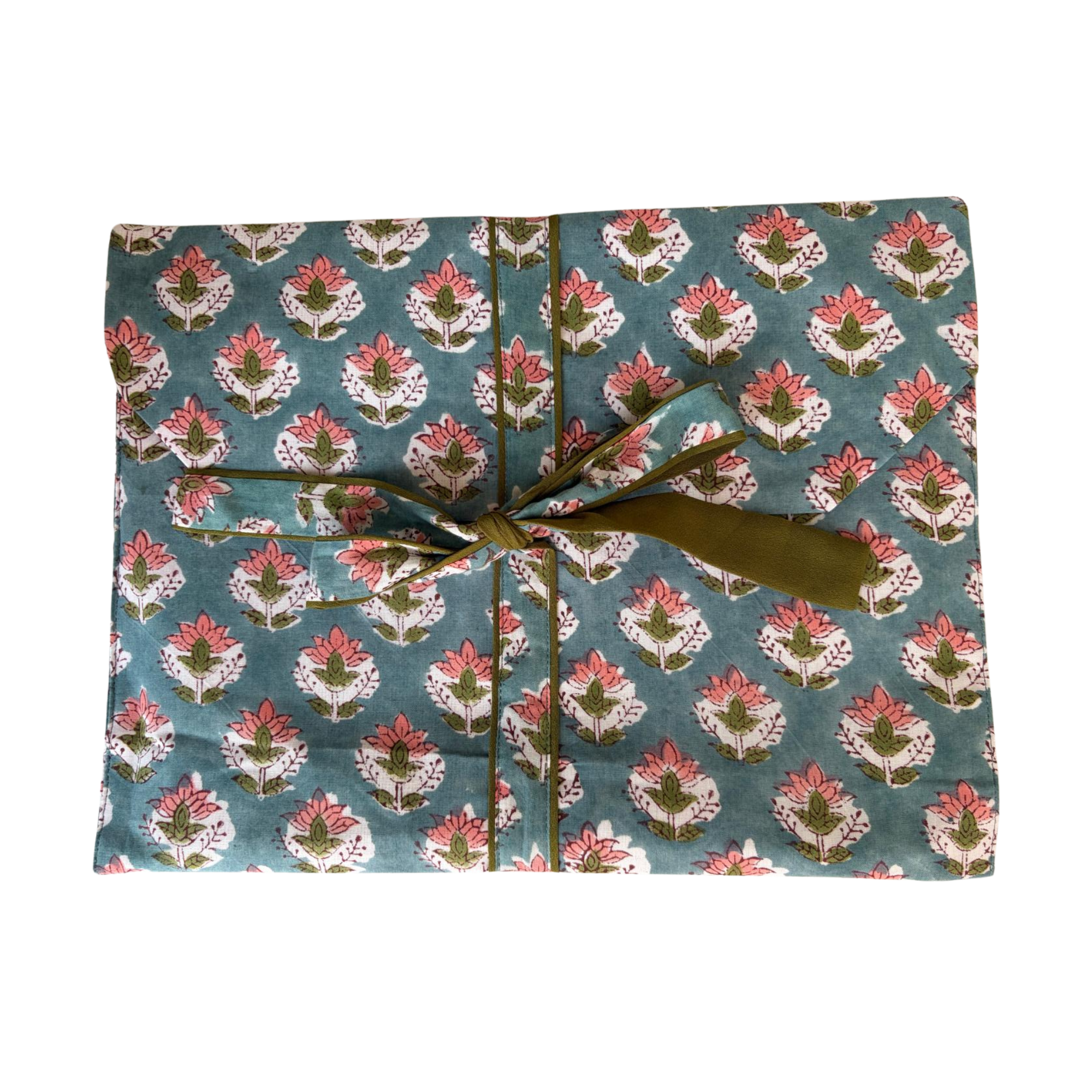 Pajama Crush gift-ready pouch in Sage and Petals block print cotton, filled with pajama set
