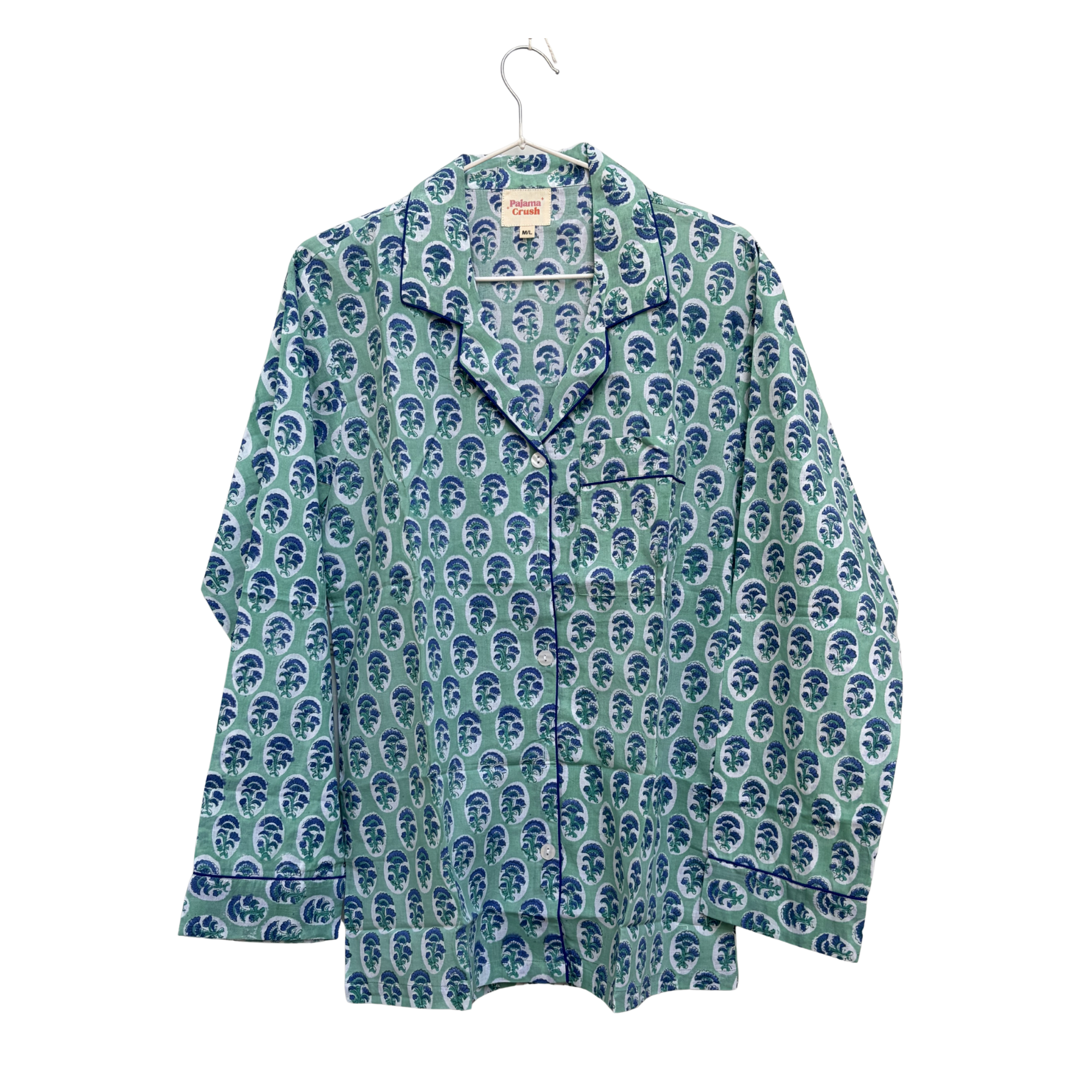 Pajama Crush gift-ready pouch in Soft Indigo block print cotton, filled with pajama set