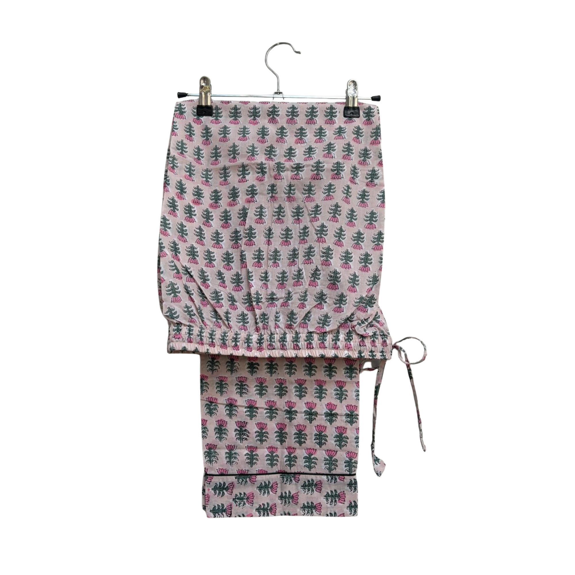 Pajama Crush gift-ready pouch in Vintage Rose block print cotton, filled with pajama set