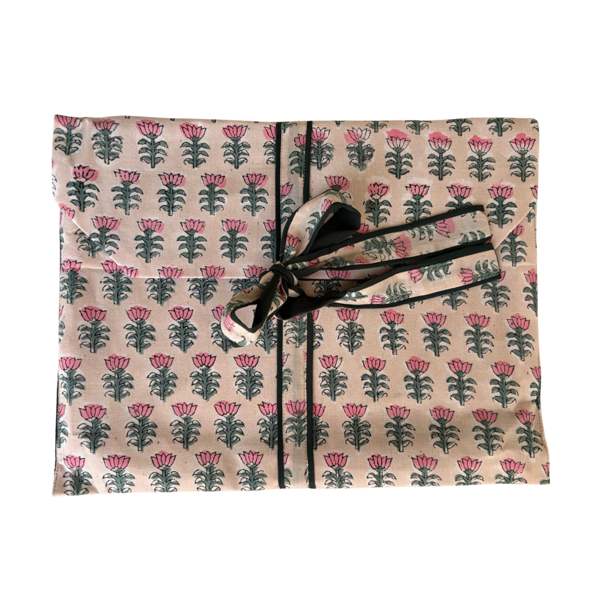 Pajama Crush gift-ready pouch in Vintage Rose block print cotton, filled with pajama set
