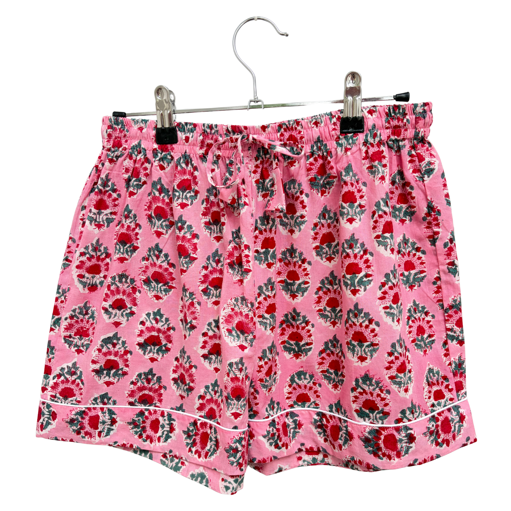Pajama Crush gift-ready pouch in Barefoot Rose block print cotton, filled with pajama set