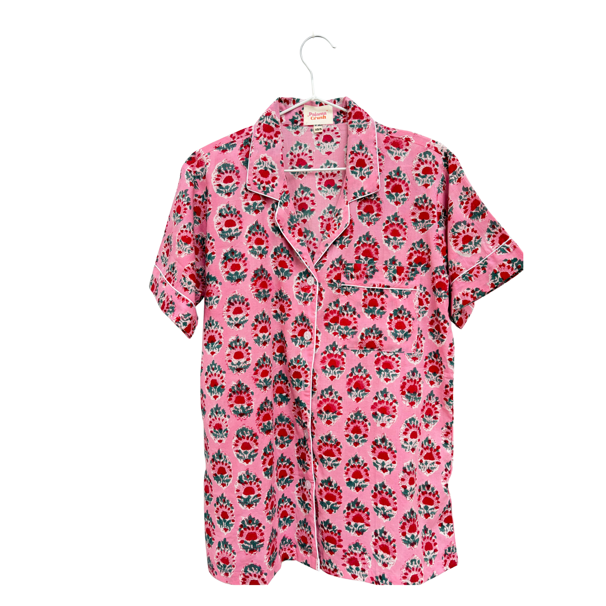 Pajama Crush gift-ready pouch in Barefoot Rose block print cotton, filled with pajama set