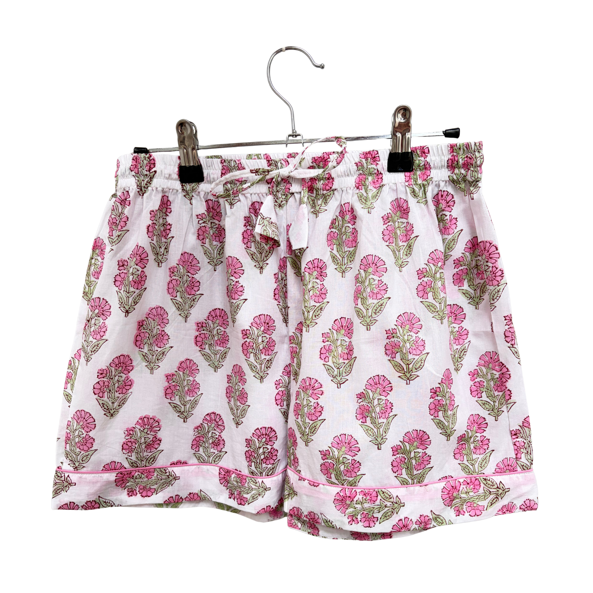 Pajama Crush gift-ready pouch in Capri Bloom block print cotton, filled with pajama set