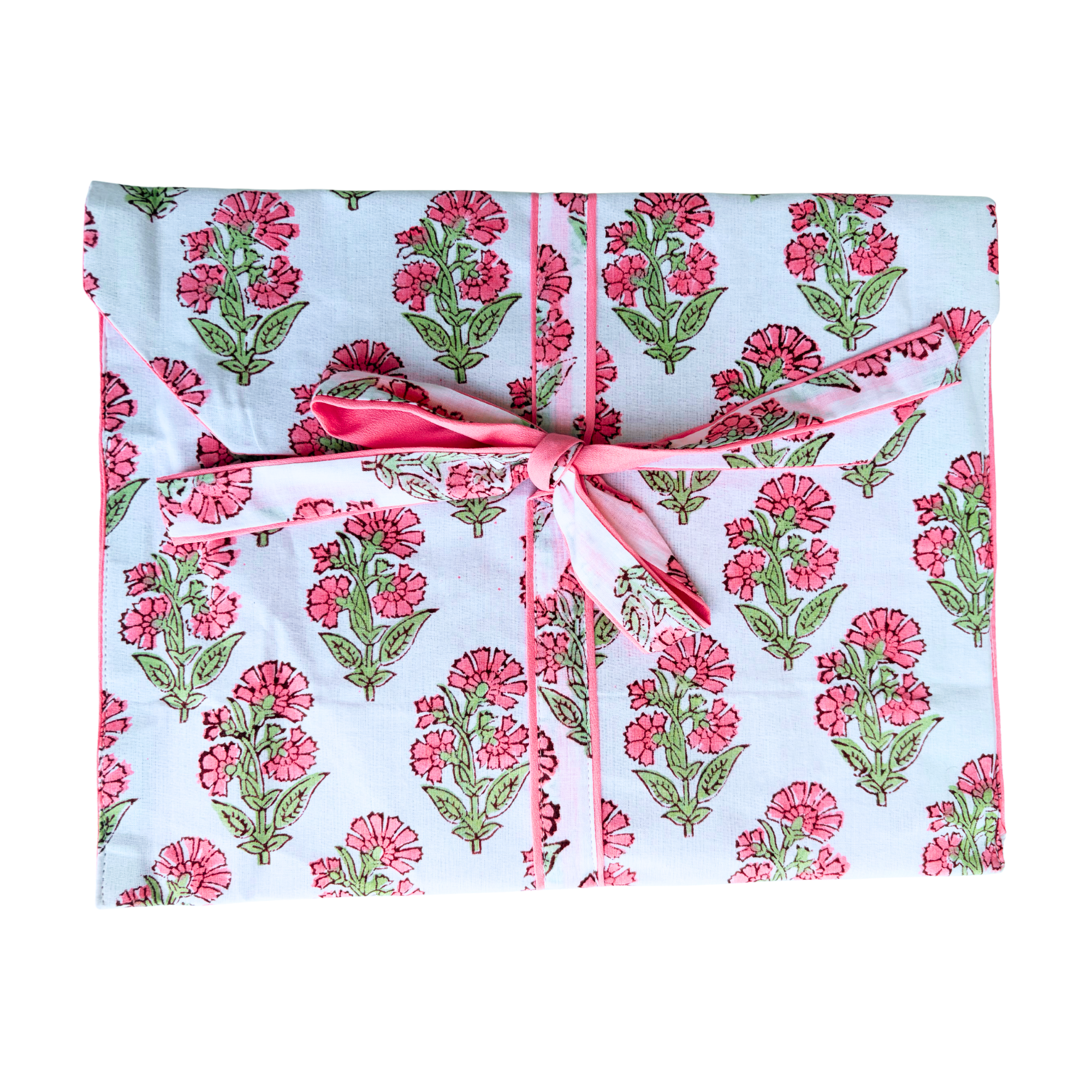 Pajama Crush gift-ready pouch in Capri Bloom block print cotton, filled with pajama set