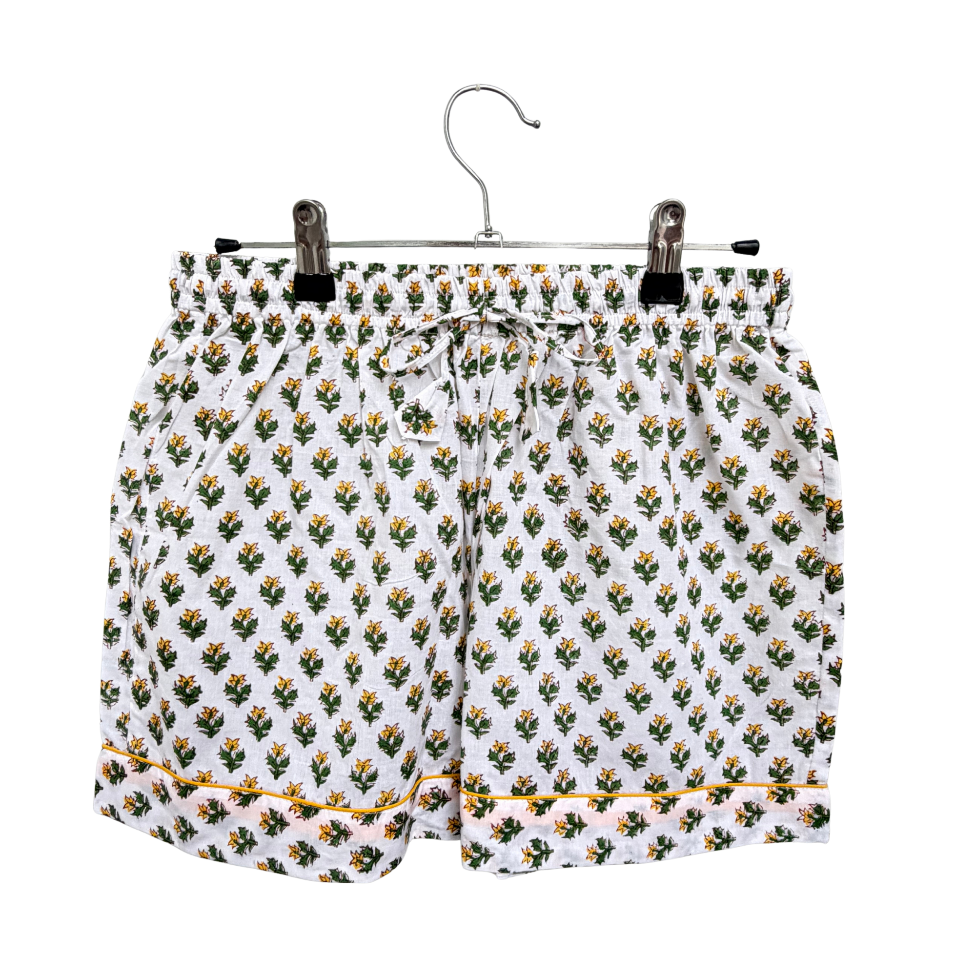 Pajama Crush gift-ready pouch in Morning Ligh block print cotton, filled with pajama set