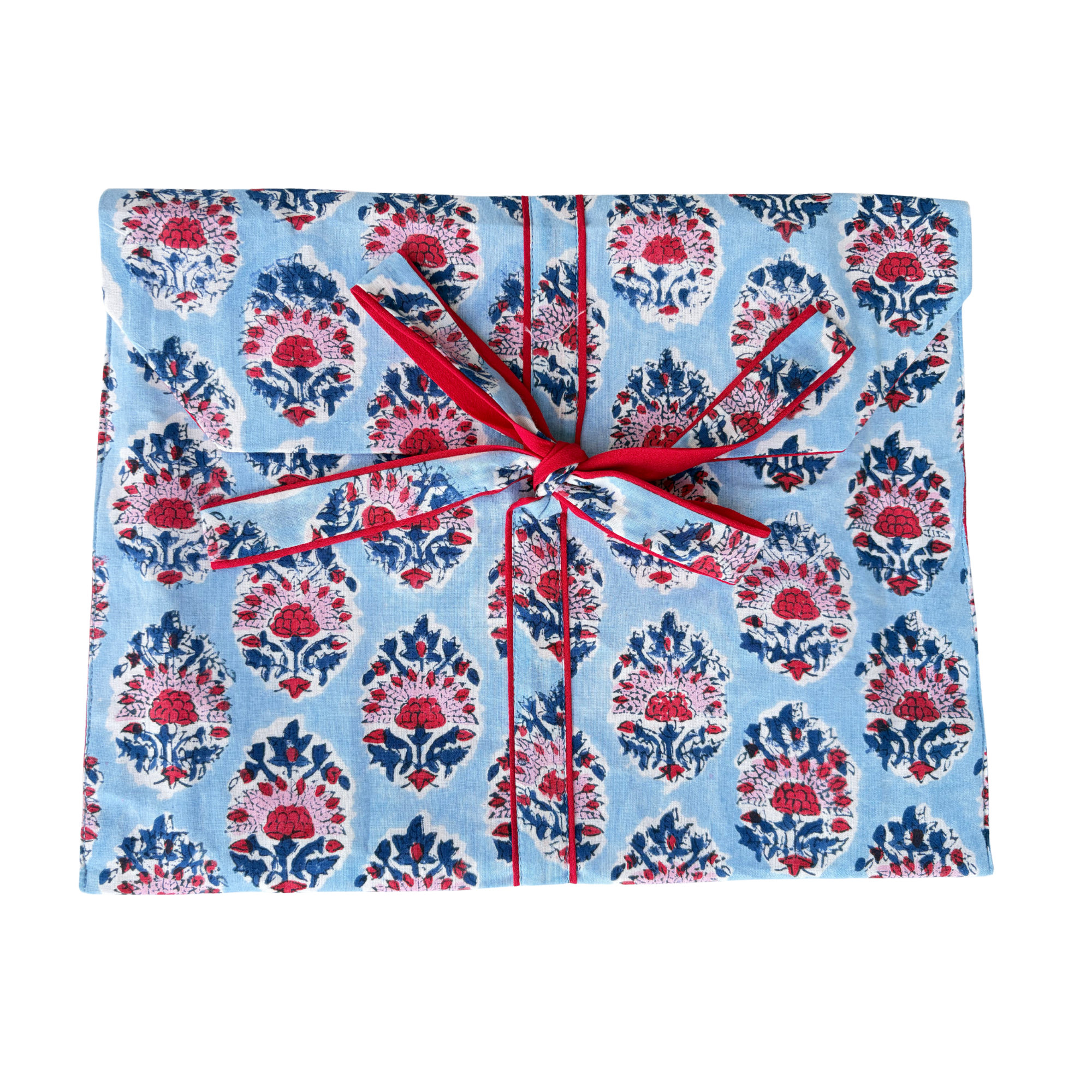 Pajama Crush gift-ready pouch in Riviera Blue block print cotton, filled with pajama set