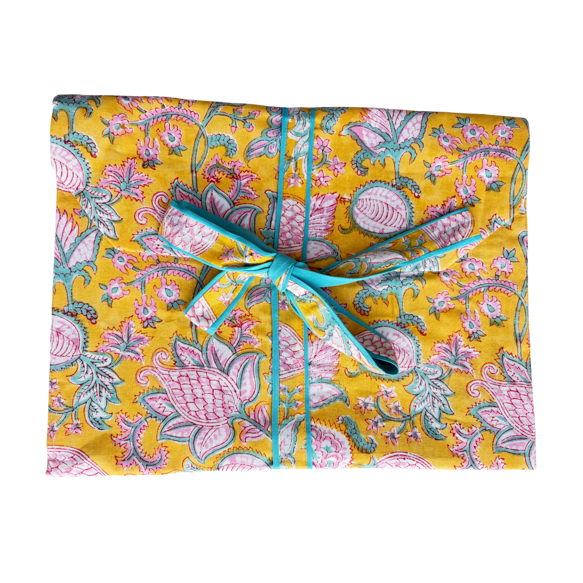 Pajama Crush gift-ready pouch in summer whisper block print cotton, filled with pajama set